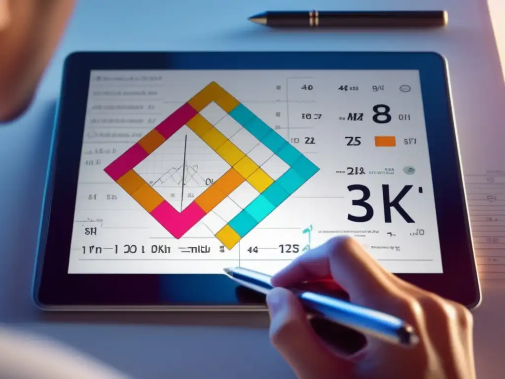 Un matemático resuelve ecuaciones diofánticas prácticas en una moderna tableta, con un ambiente cálido y profesional