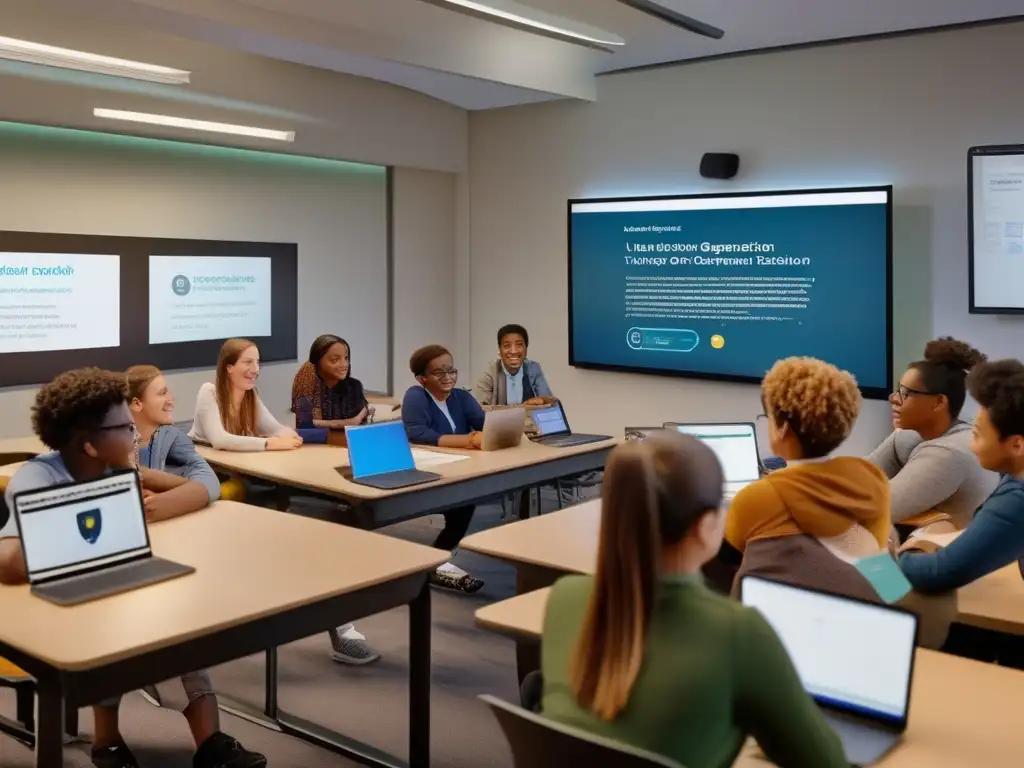 En una moderna aula, estudiantes diversos participan en tutorías especializadas en Diseño Universal para el Aprendizaje