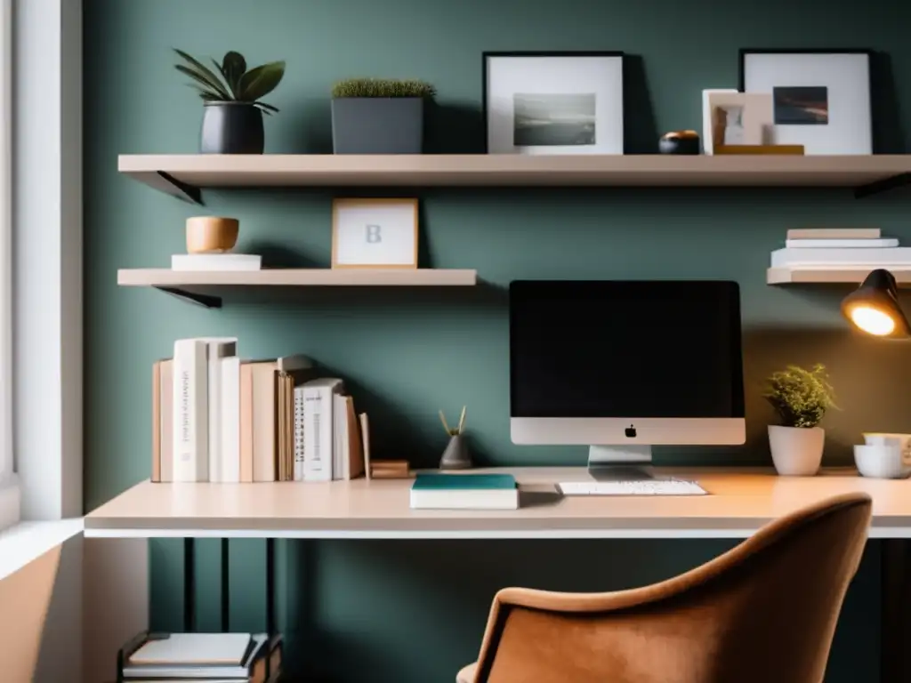 Un moderno espacio de trabajo en casa, con escritorio, silla ergonómica y estanterías llenas de libros autopublicados