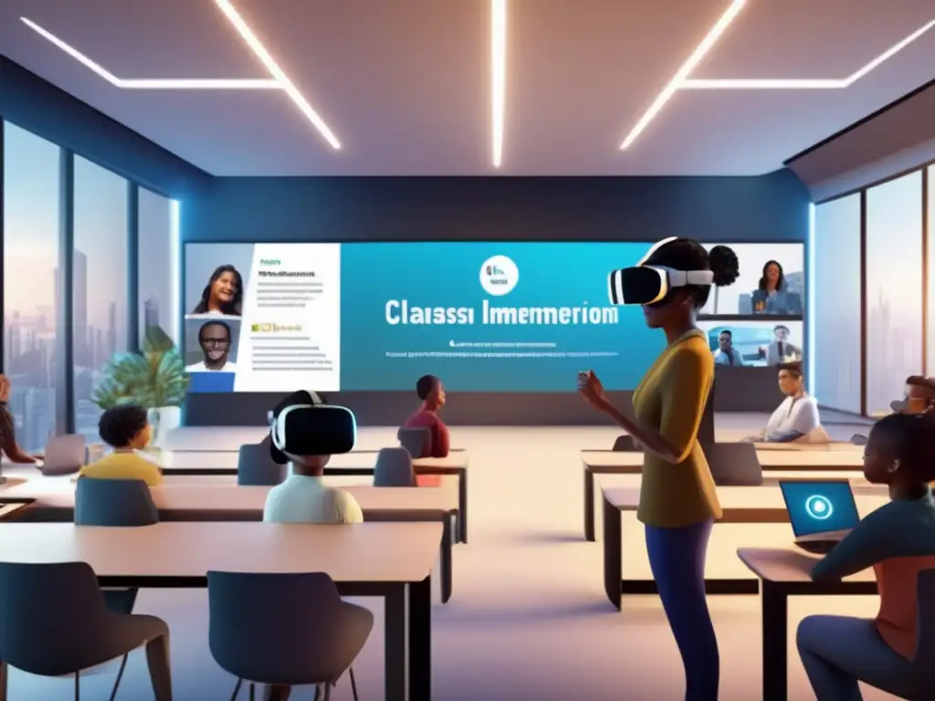 Un moderno salón de clases virtual donde estudiantes de diversos orígenes participan en un programa de inmersión lingüística en línea