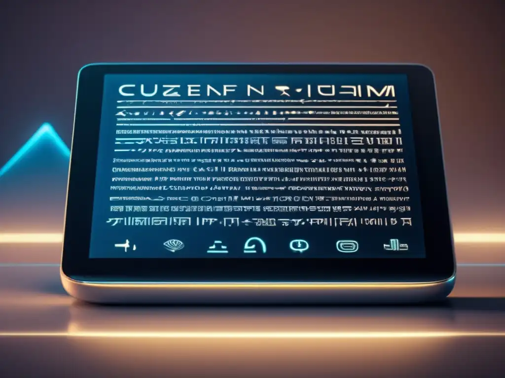 Un moderno tablet muestra escritura cuneiforme sobre un fondo futurista y antiguo, resaltando la conexión entre sabiduría antigua y tecnología moderna