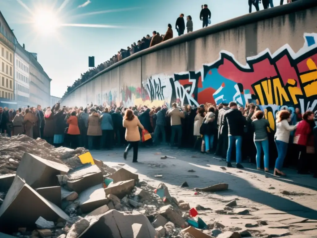 Un momento histórico: la multitud derriba el Muro de Berlín con expresiones de júbilo, mientras la luz del sol resalta los colores del graffiti