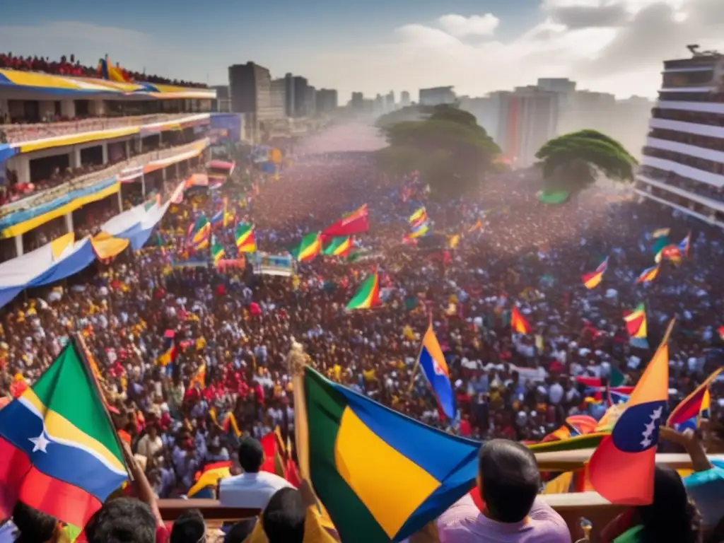 Una multitudinaria concentración política en una ciudad de América Latina, con un carismático líder arengando a la apasionada multitud desde un escenario adornado con coloridas pancartas y banderas