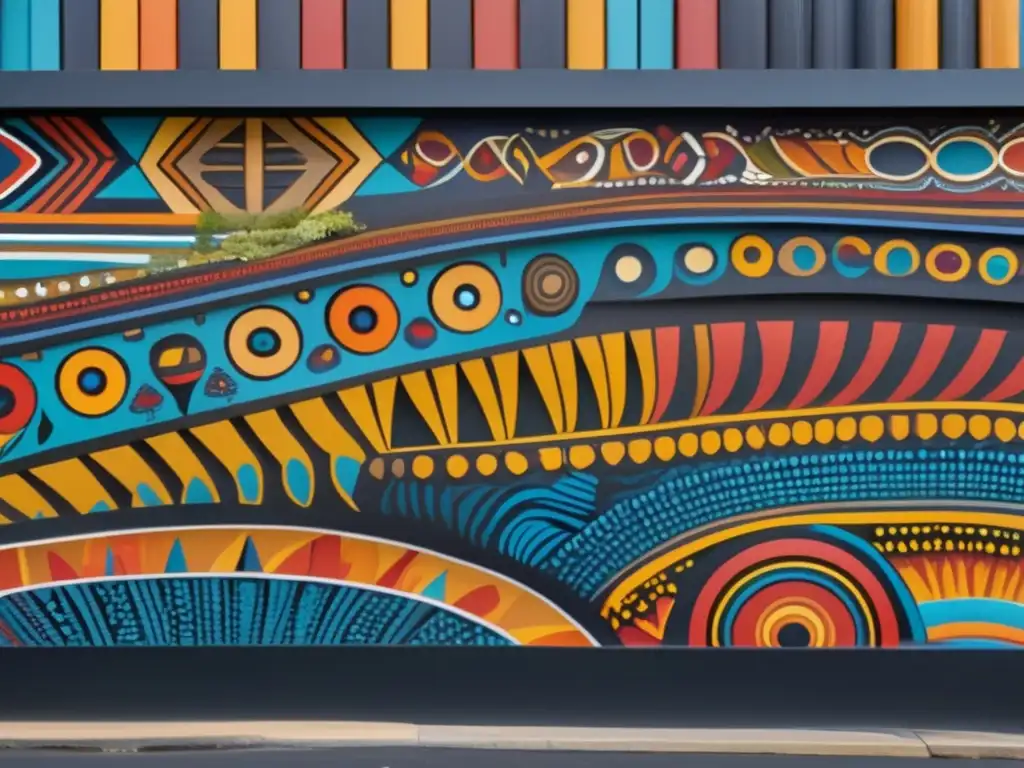 Un mural de arte aborigen contemporáneo que representa la historia y tradiciones de Australia aborigen en vibrantes colores y patrones intrincados