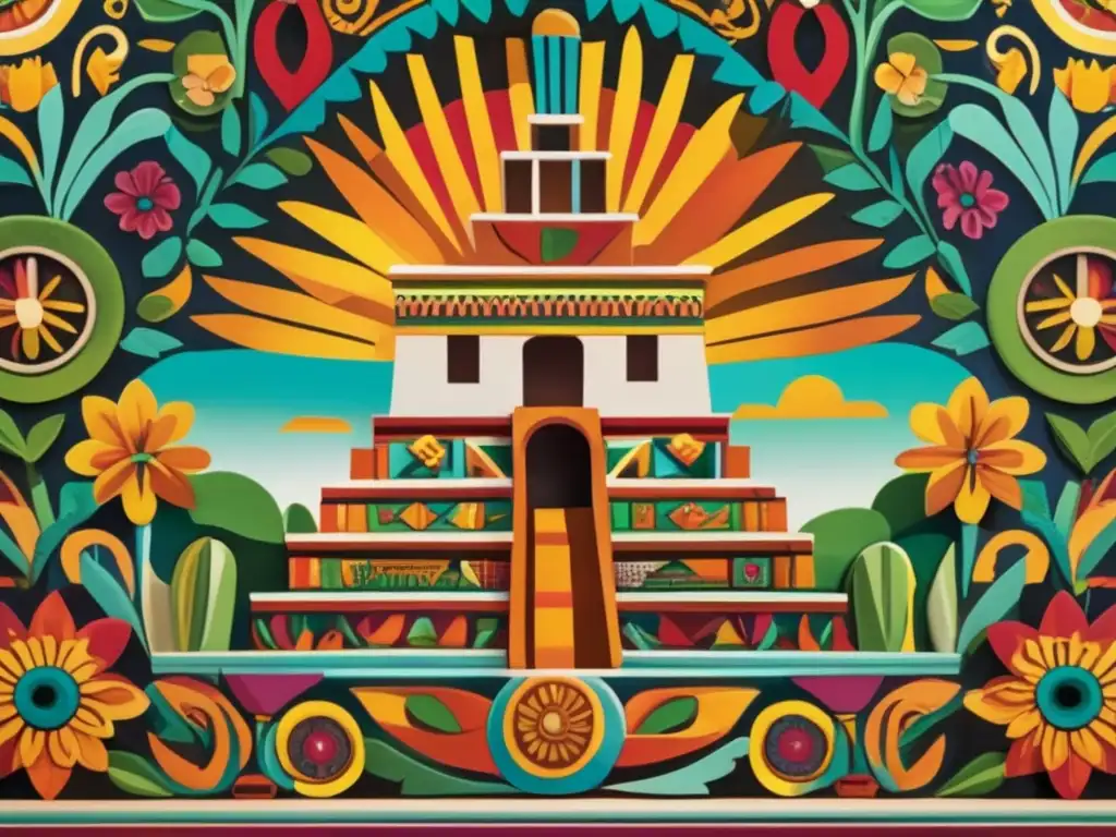 Un mural detallado que refleja la compleja historia y la identidad mexicana, con colores vibrantes y elementos simbólicos