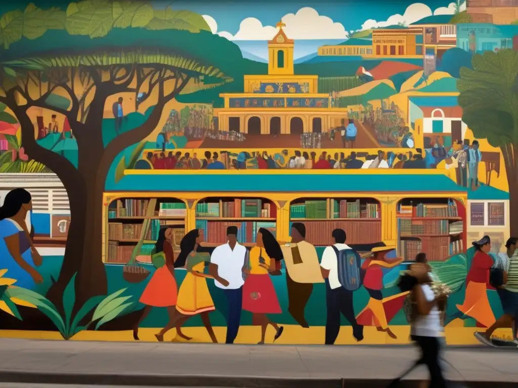 Un mural impactante que entrelaza la literatura latinoamericana con la violencia social y política, en una representación visualmente cautivadora de la narrativa y la violencia en Latinoamérica