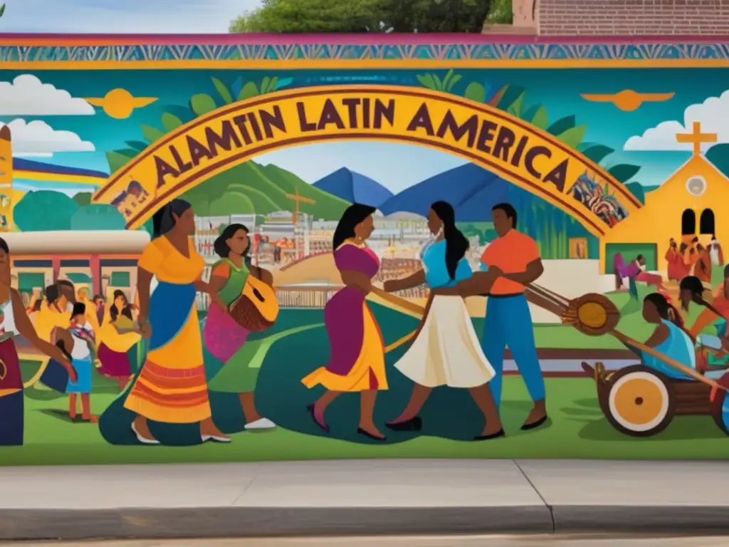 Un mural impactante que representa la narrativa de violencia y resiliencia en Latinoamérica a través de escenas vibrantes y detalladas