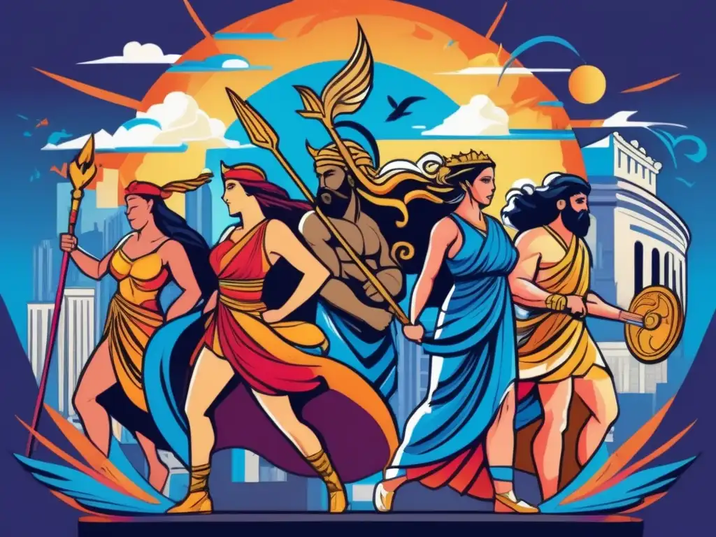 Un mural urbano colorido muestra a los dioses griegos con Zeus, Atenea y Poseidón, en medio de la bulliciosa ciudad