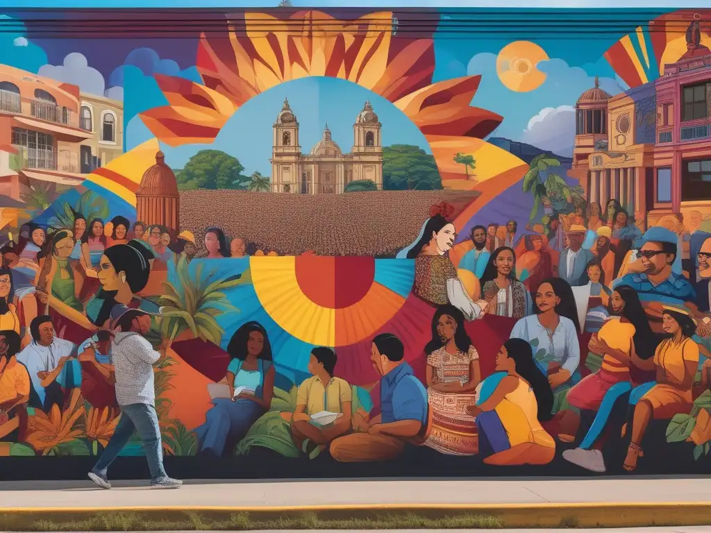 Un mural urbano moderno que representa la diversidad política y cultural de América Latina, con la influencia del populismo en la región