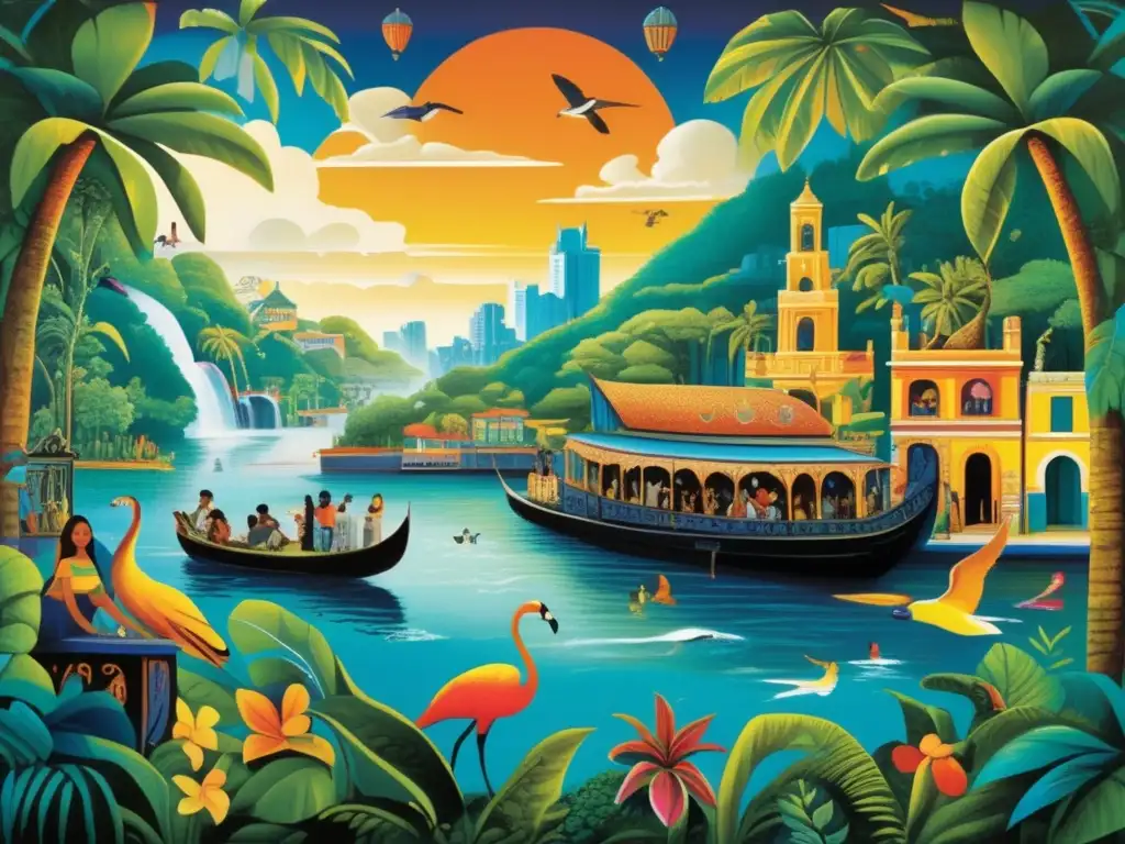 Un mural vibrante con escenas de realismo mágico, ciudades flotantes y criaturas fantásticas, en medio de exuberante vegetación tropical