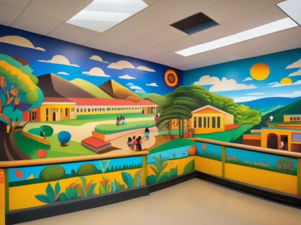 Un mural vibrante en una escuela, celebra la importancia de la literatura latinoamericana en la educación intercultural