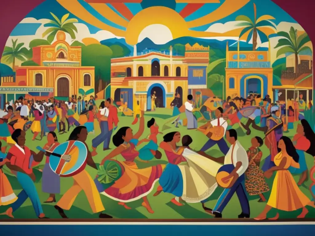 Un mural vibrante que refleja el impacto de la Segunda Guerra Mundial en América Latina, fusionando elementos tradicionales y modernos en arte, música y moda