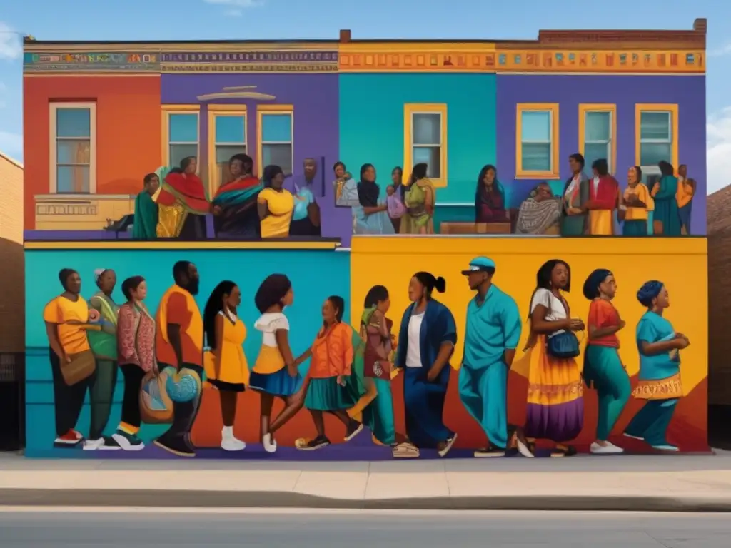 Un mural vibrante y multicolor que representa escenas de la vida cotidiana y símbolos culturales de comunidades marginadas