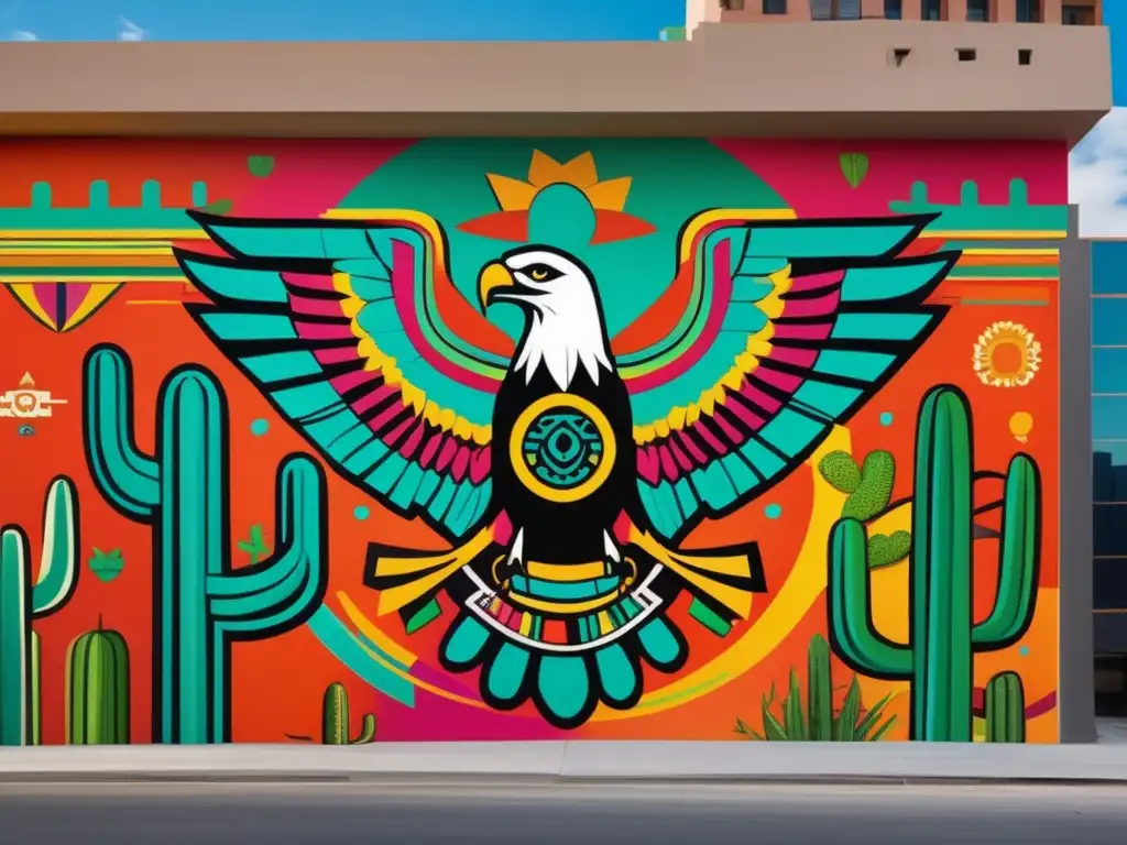 Un mural vibrante que fusiona símbolos tradicionales mexicanos con elementos modernos, capturando la compleja identidad de México