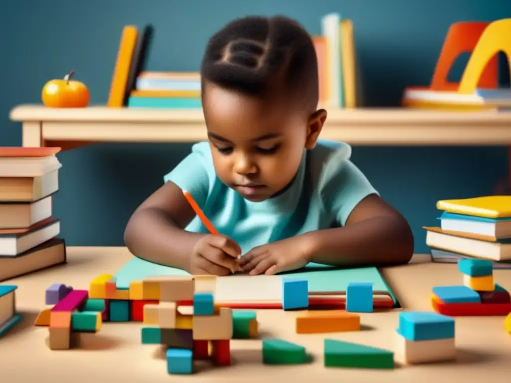 Un niño explorando diferentes acciones mentales en su camino de desarrollo cognitivo, rodeado de materiales educativos coloridos y modernos