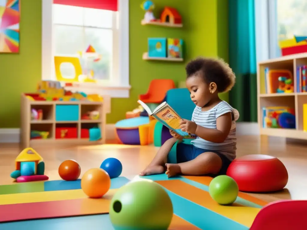 Un niño se encuentra en un alegre cuarto de juegos rodeado de juguetes y libros educativos