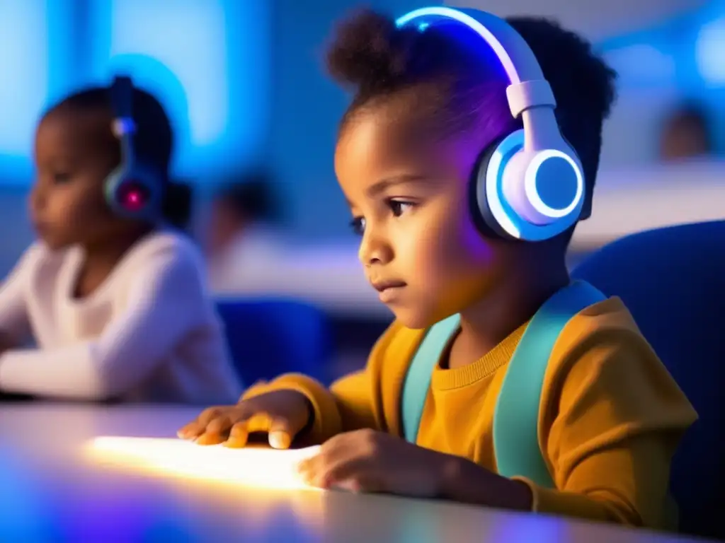 Un niño de 5 años en un aula luminosa, usando un dispositivo futurista que monitorea sus ondas cerebrales