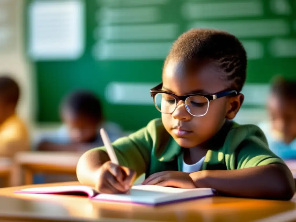 Un niño concentrado en la lectura, en un aula luminosa y colorida