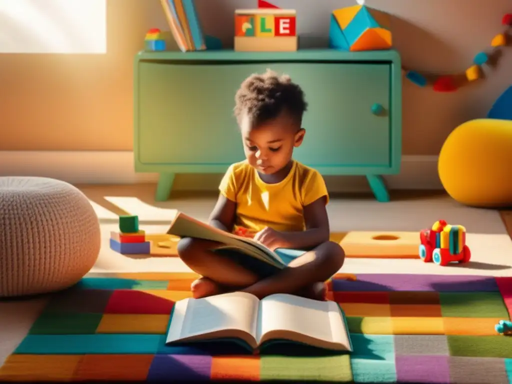 Un niño concentrado, sentado en una habitación soleada, rodeado de juguetes educativos y libros, estimula el lenguaje en tutorías