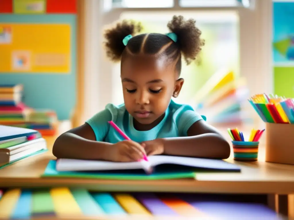 Un niño se sumerge en un entorno de aprendizaje vibrante y estimulante, rodeado de actividades educativas