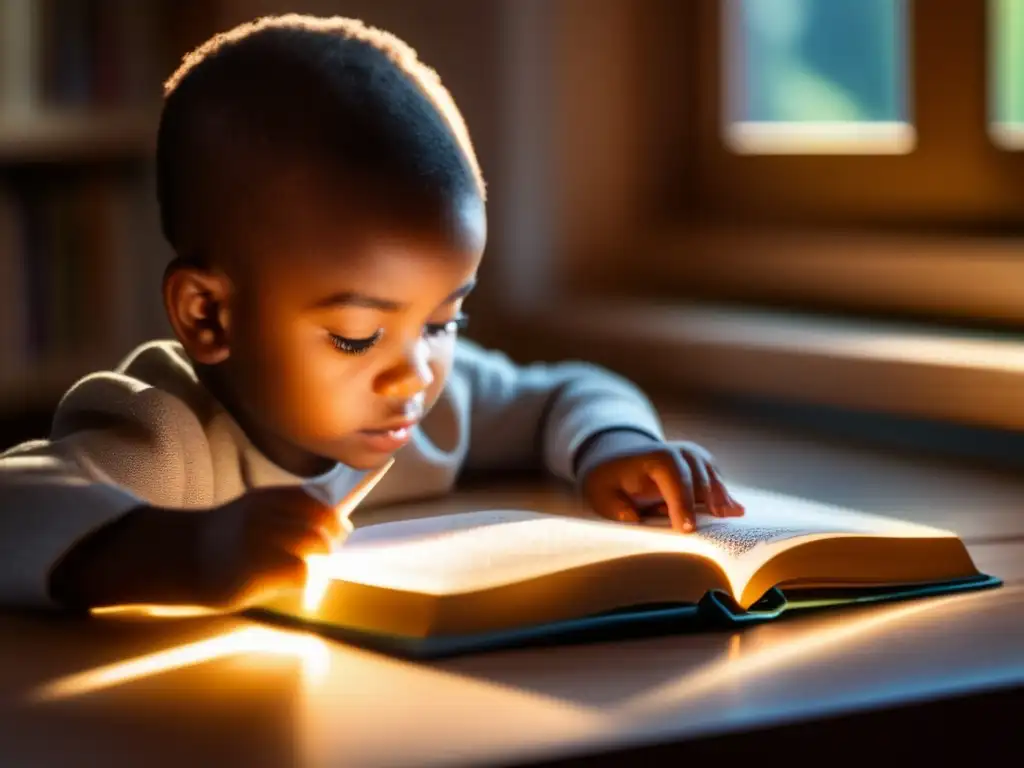 Un niño se sienta en un escritorio, absorto en un libro