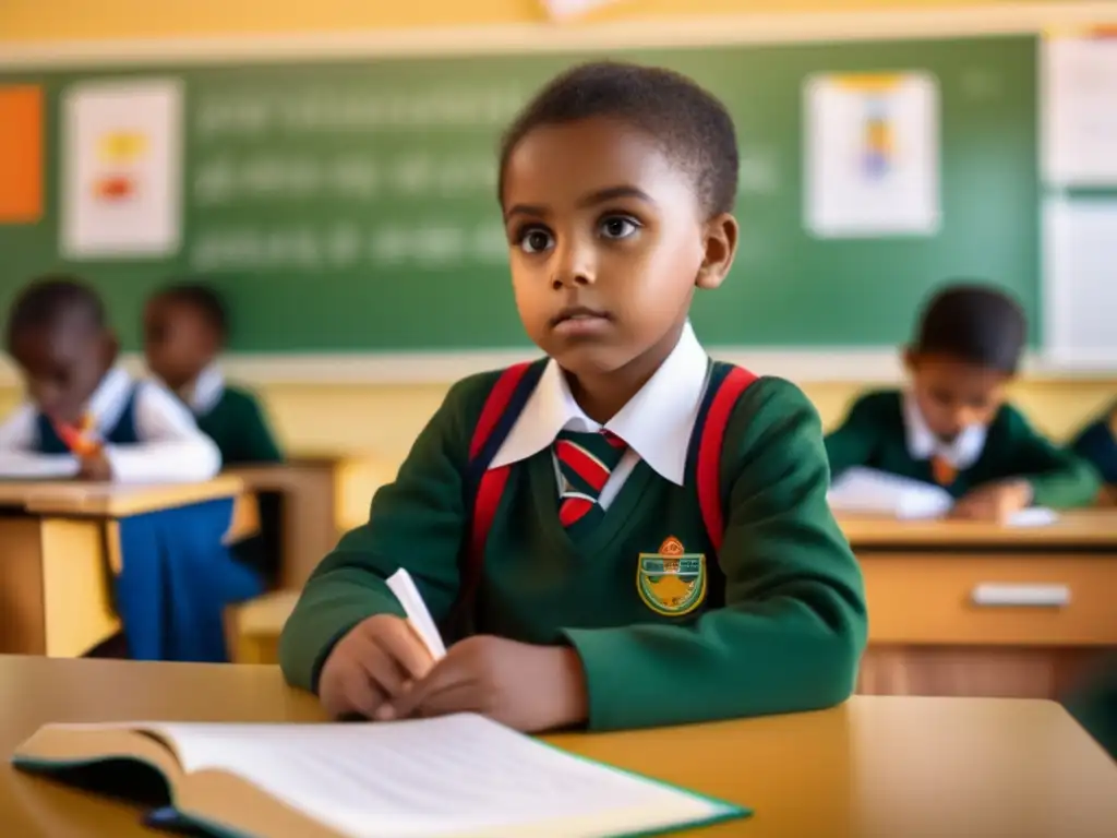 Un niño se sumerge en un libro con curiosidad en un aula iluminada