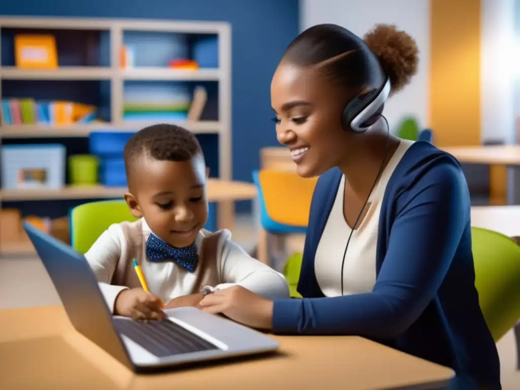 Un tutor personalizado en una estación de aprendizaje tecnológica para niños con necesidades especiales Un niño con necesidades especiales se encuentra en una sesión de tutoría personalizada en un moderno y avanzado puesto de aprendizaje