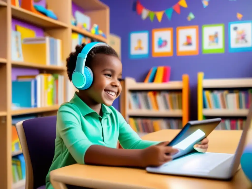 Avance tecnológico: Tutoría virtual para niños con necesidades especiales Un niño con necesidades especiales disfruta una sesión de tutoría virtual, rodeado de un entorno moderno y vibrante