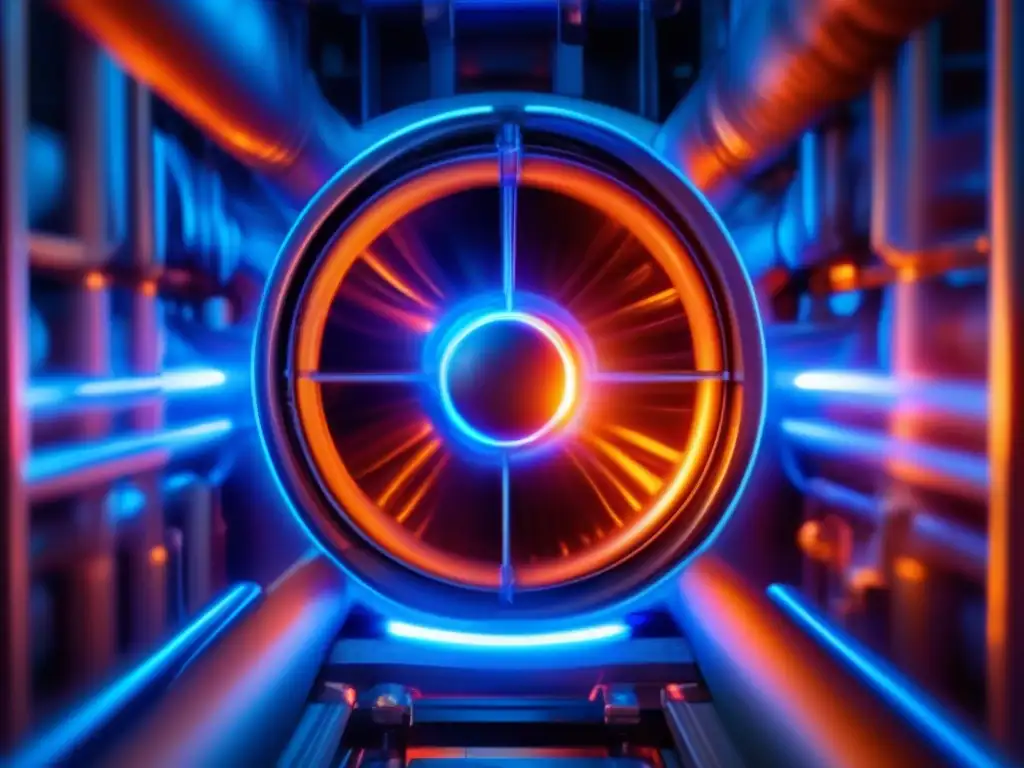 Un núcleo de reactor de fusión con plasma azul y naranja, rodeado de tecnología compleja y energía brillante