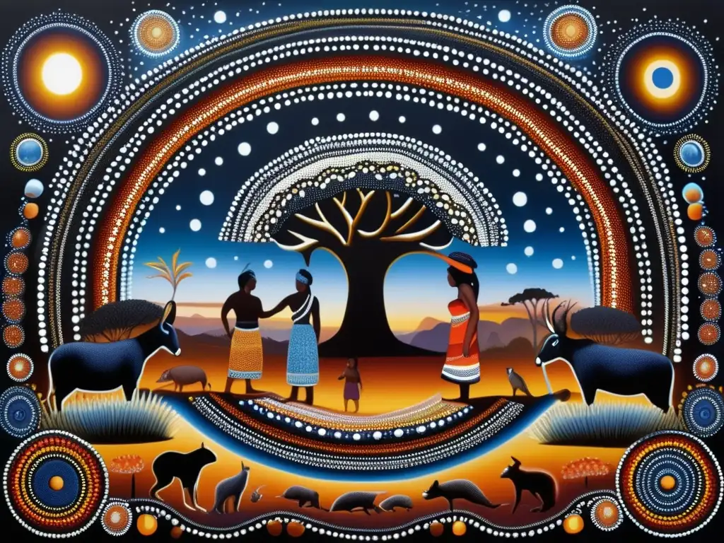 Obra de arte aborigen con colores vibrantes y patrones intrincados, representando la rica historia y tradiciones de Australia aborigen