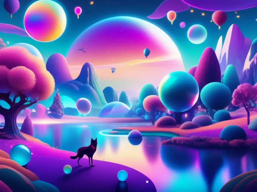 Una obra de arte digital vibrante y moderna que representa un paisaje onírico con orbes flotantes y criaturas fantásticas