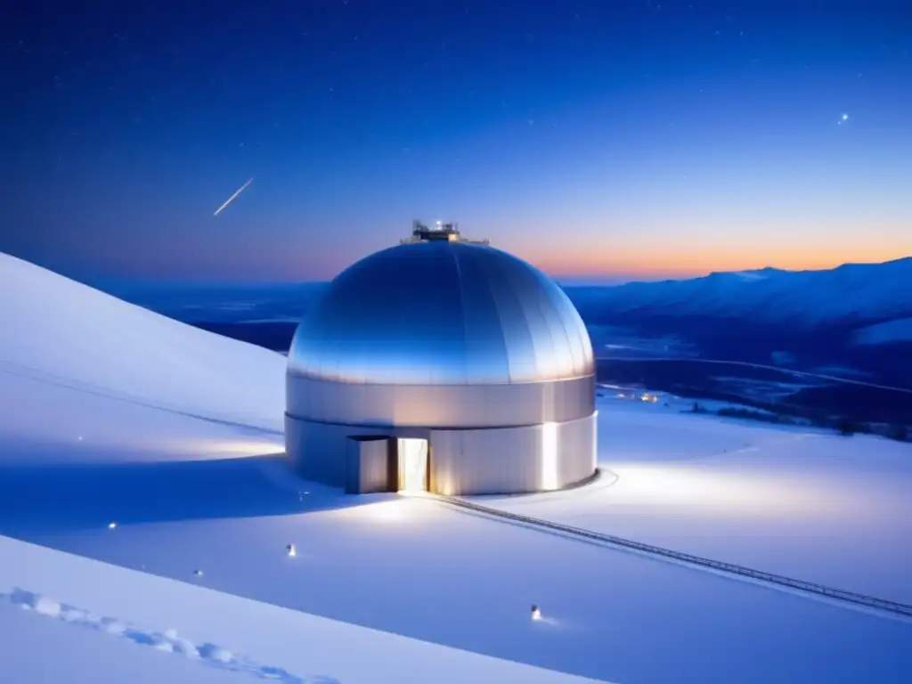 Un observatorio de neutrinos de vanguardia en un paisaje nevado y remoto, bajo un cielo estrellado