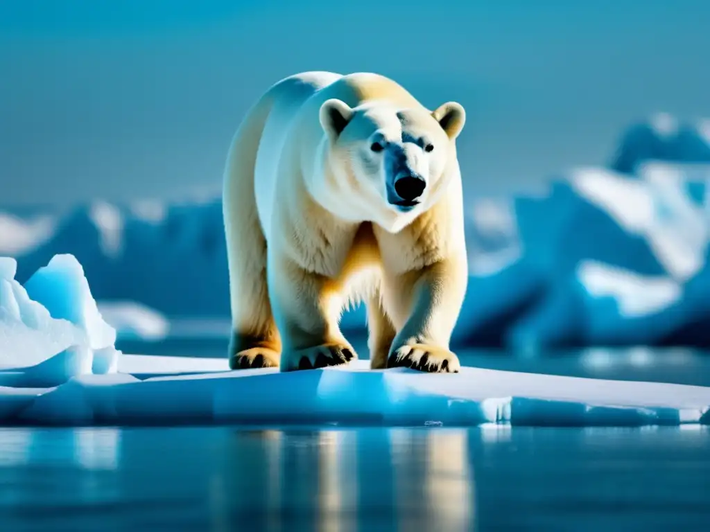 Un oso polar en un témpano de hielo derritiéndose, con paisaje ártico detallado