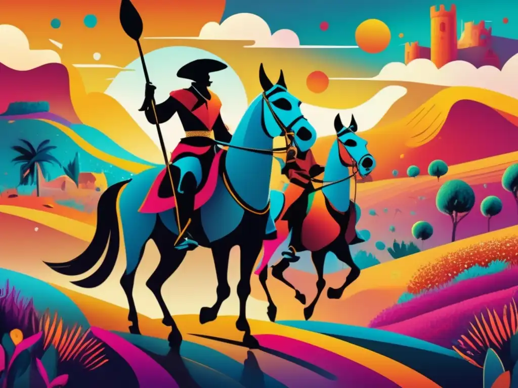 En un paisaje abstracto, Don Quijote y Sancho Panza emprenden su icónico viaje, capturando la esencia de 'Claves interpretativas para El Quijote'