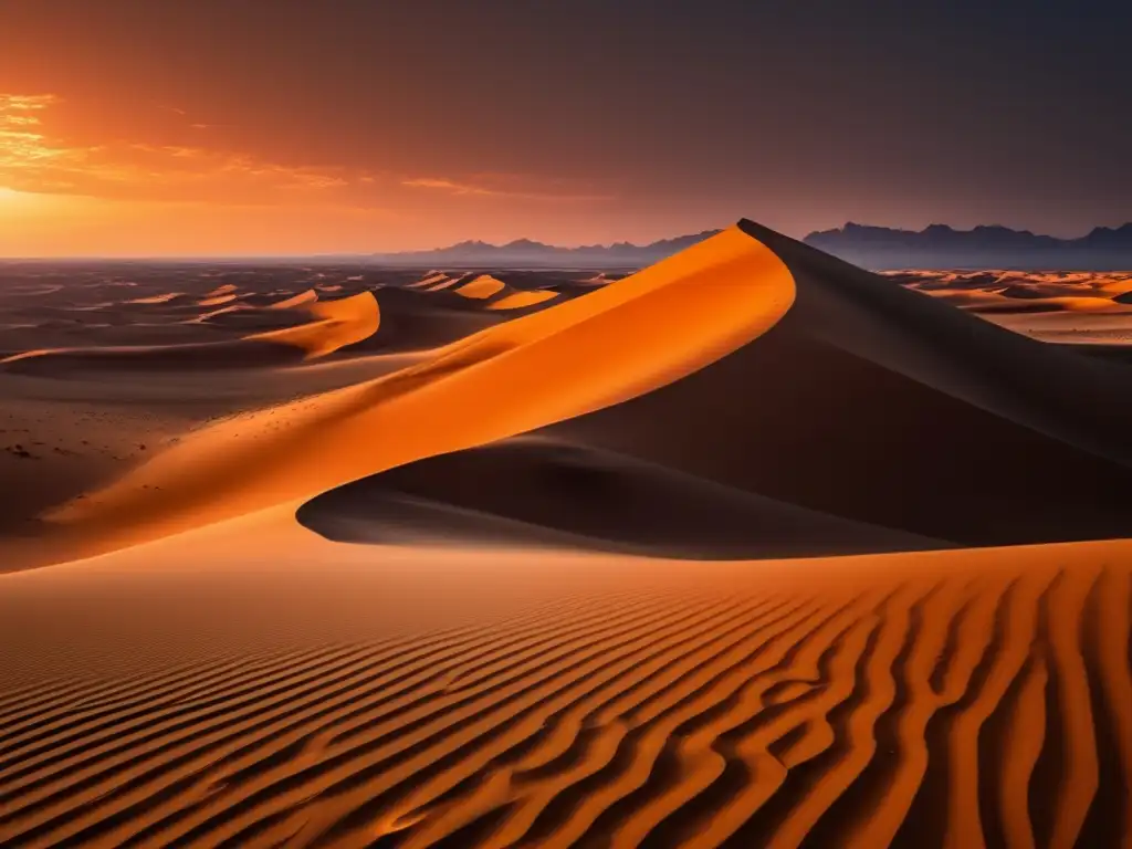 Un paisaje desértico en 8k de Arrakis con dunas y un atardecer naranja