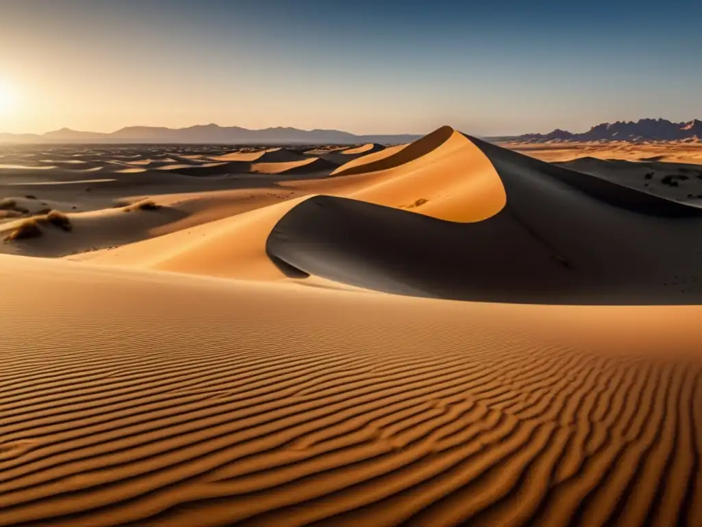 Un paisaje desértico impresionante, con dunas de arena que se extienden hacia el horizonte bajo un cielo azul