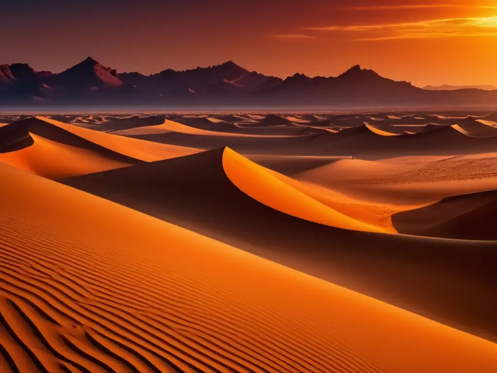 Un paisaje desértico majestuoso en el planeta Arrakis, con dunas imponentes y un cielo azul profundo