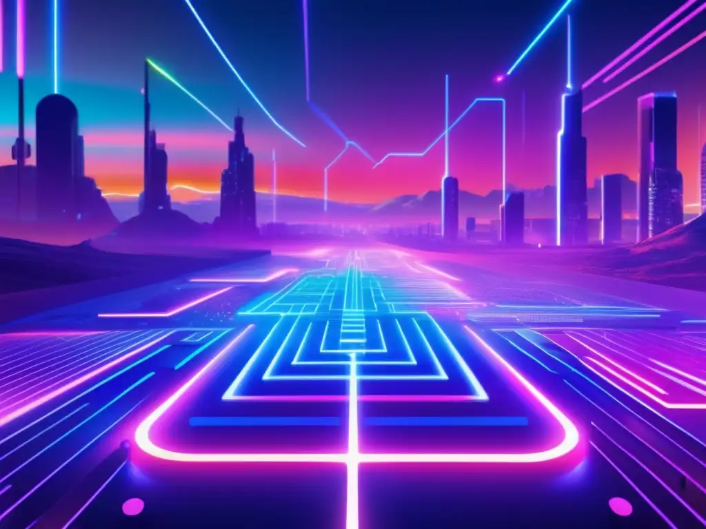 Un paisaje digital futurista impresionante, con colores neón vibrantes iluminando la escena