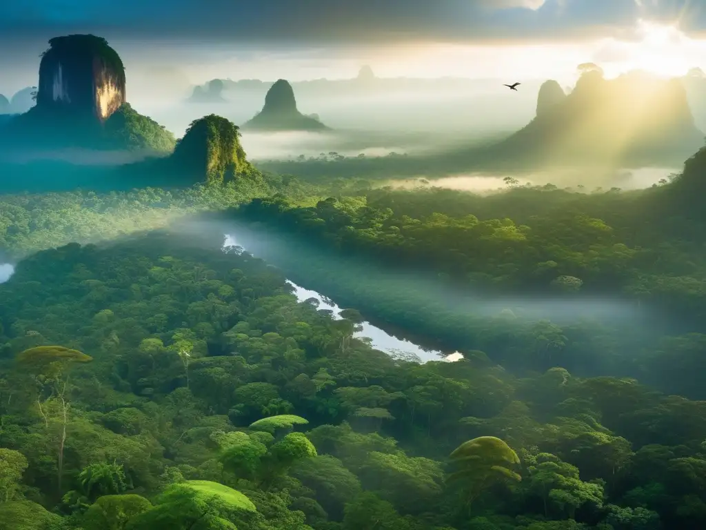 Un paisaje etéreo de la exuberante selva amazónica, resaltando su biodiversidad y belleza natural