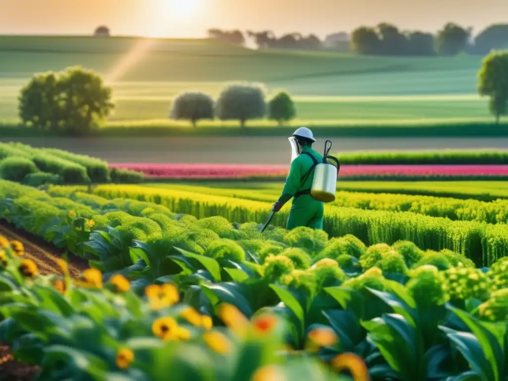 Un paisaje exuberante de campo con flores y cultivos, donde un agricultor protegido rocía plaguicidas