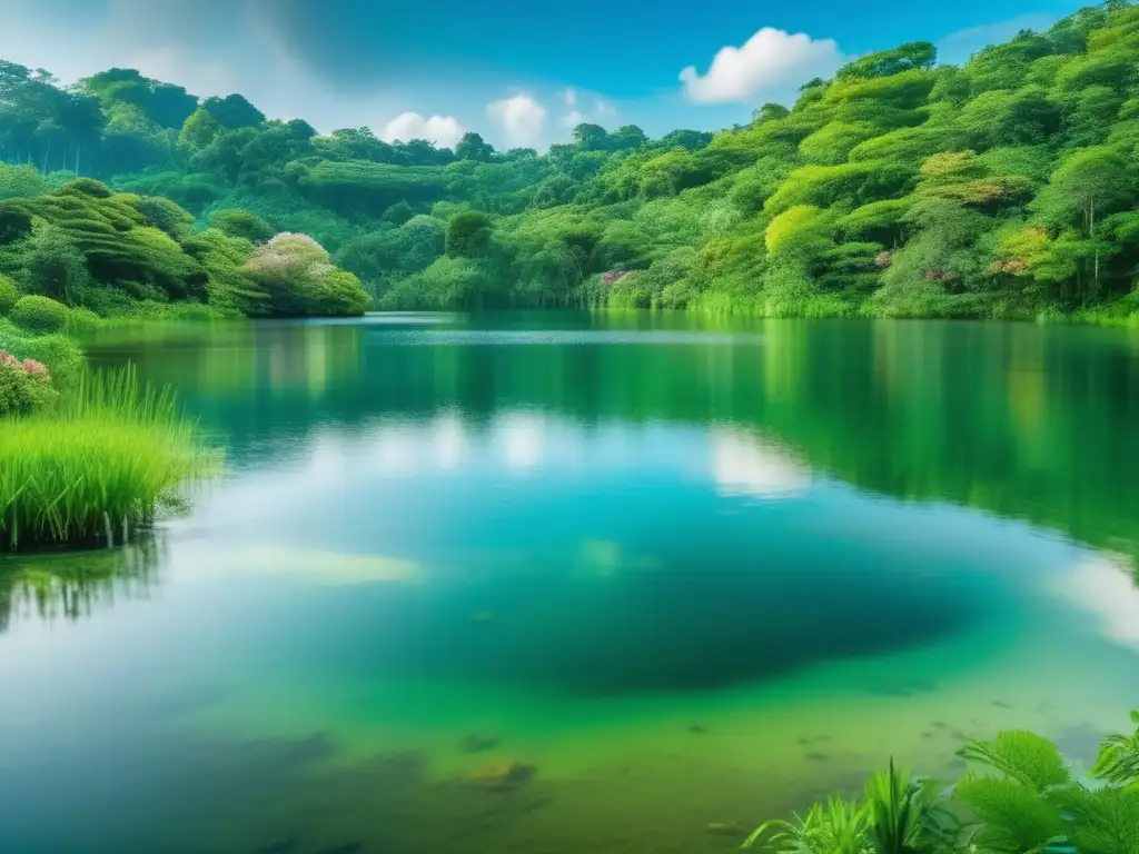 Un paisaje exuberante y detallado en 8k muestra un lago de agua dulce rodeado de vegetación diversa