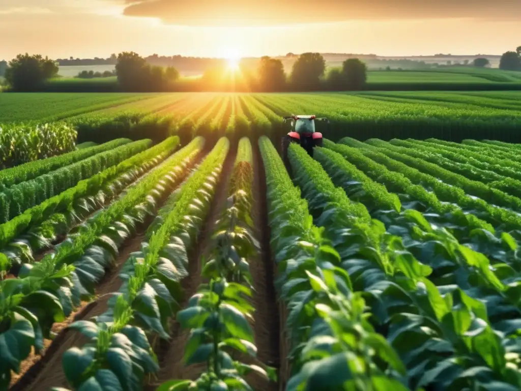 Un paisaje agrícola exuberante se extiende hacia el horizonte, con cultivos vibrantes y organizados meticulosamente