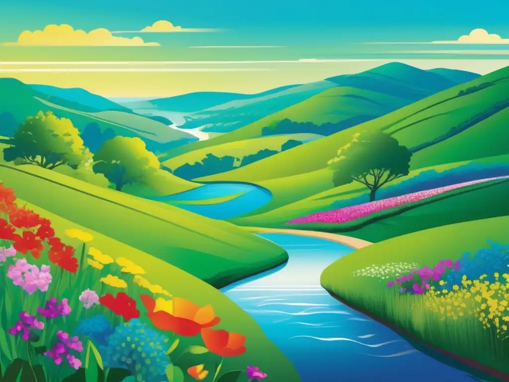 Maravillosa sinfonía de colores en un paisaje verde - Un paisaje exuberante y moderno con colinas cubiertas de flores vibrantes reflejadas en un arroyo