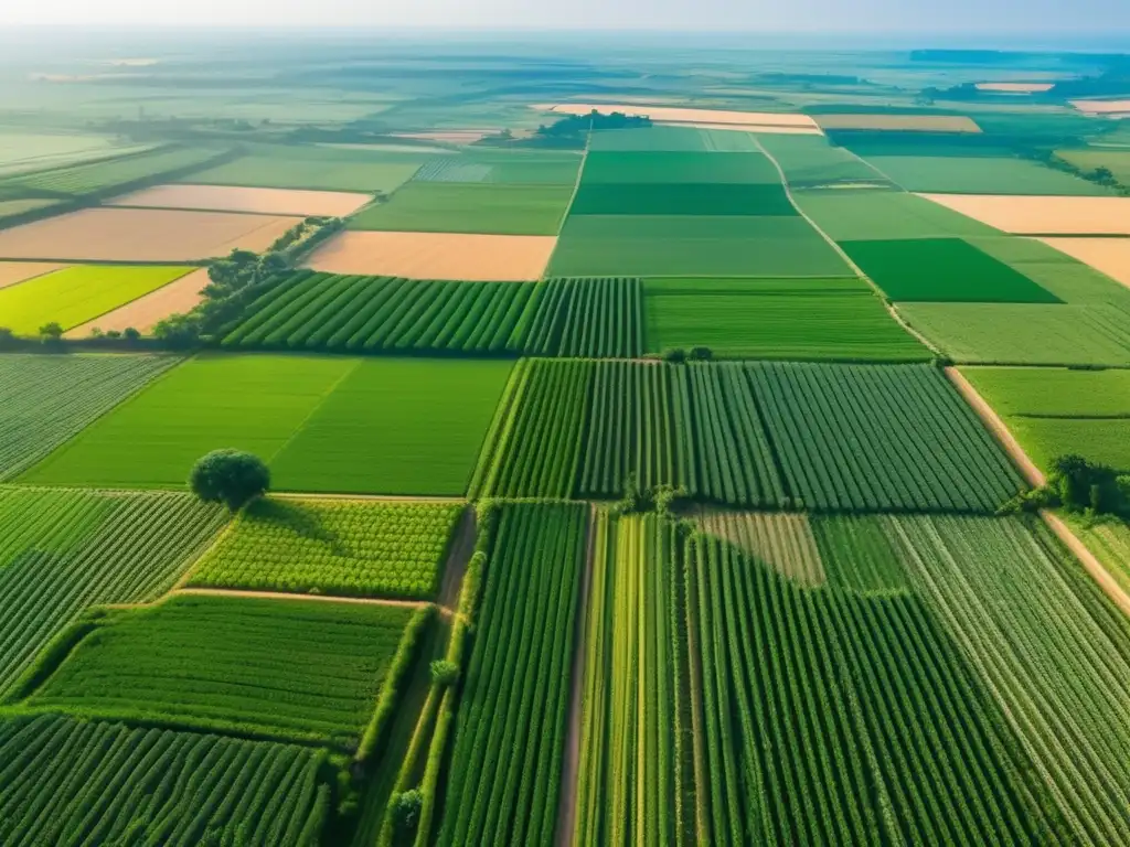 Un paisaje agrícola exuberante y vibrante con campos geométricos, canales de riego y un pueblo