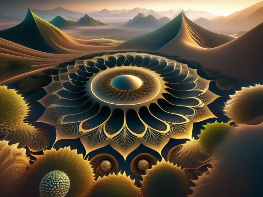 Un paisaje fractal hipnotizante emerge en esta imagen 8k ultradetallada, fusionando elementos naturales y abstractos