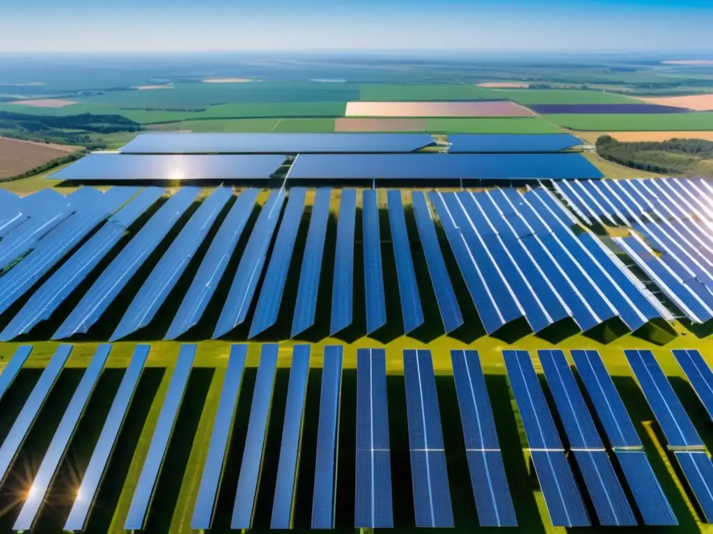 Un paisaje futurista y vibrante: una granja de paneles solares se extiende hasta donde alcanza la vista, bajo un cielo azul y soleado