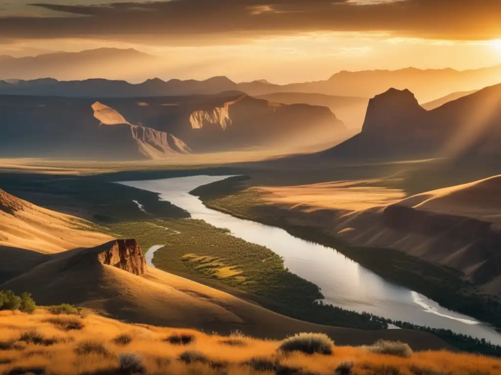 Un paisaje impresionante del Oeste Americano, con la expedición Lewis y Clark en el Oeste Americano, montañas majestuosas y ríos serpenteantes bajo un cálido atardecer dorado