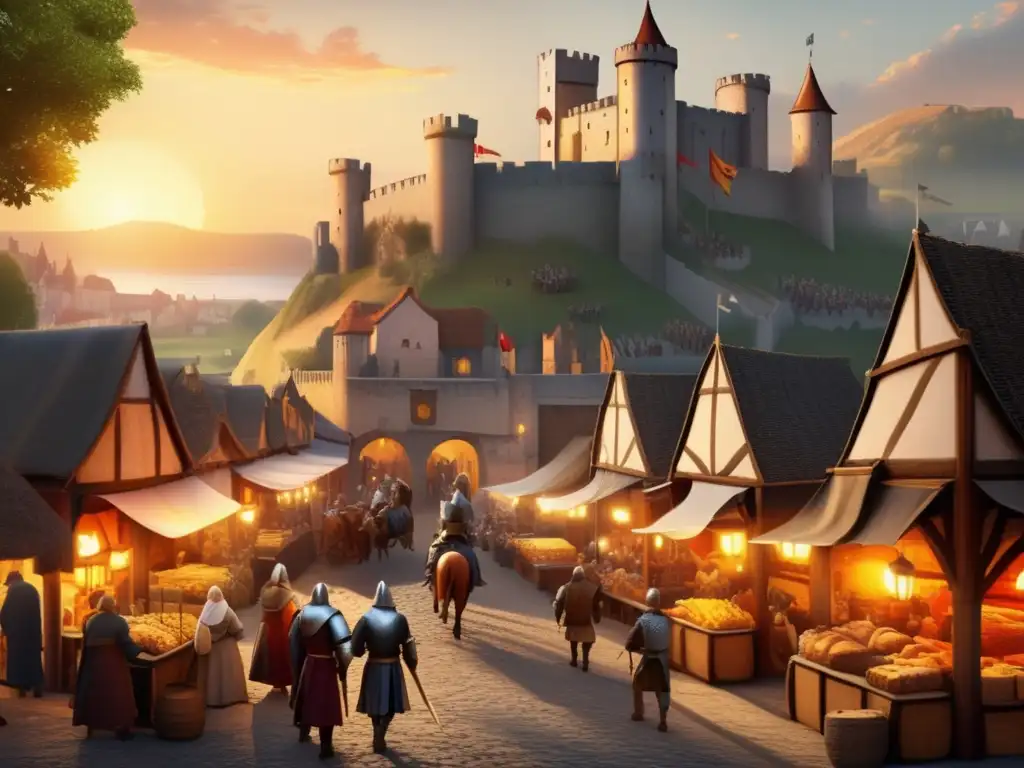 Un paisaje medieval con murallas, mercados bulliciosos y caballeros