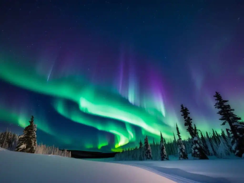 Un paisaje nocturno con auroras boreales en tonos verdes y morados sobre la nieve, con árboles nevados en primer plano