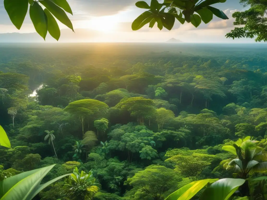 Un paisaje panorámico de la exuberante selva amazónica, con una vegetación verde vibrante que se extiende hasta donde alcanza la vista